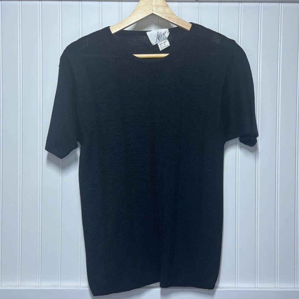 Alex Vtg Top Black Goth Classy Textured Pattern Knit Short Sleeve Women's Silk